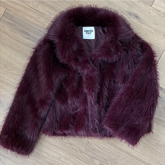 Princess Polly Jackets & Blazers - Princess Polly Deep Burgundy Faux Fur Coat